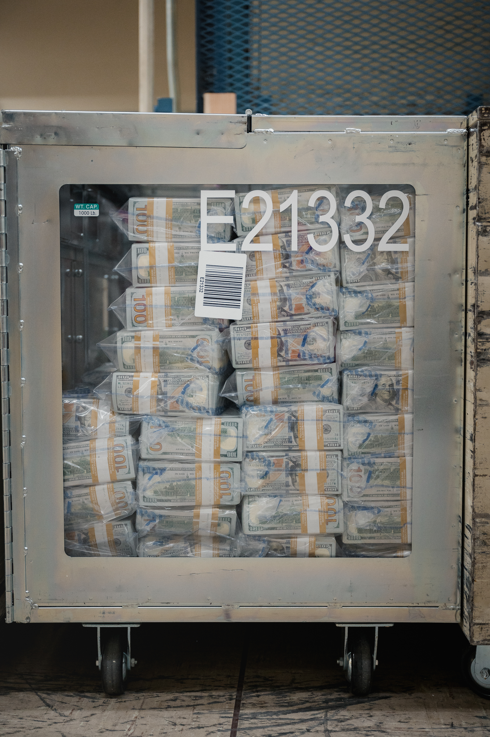 BALTIMORE, MD - JULY 12, 2023: A container full of currency sits inside the vault at The Federal Reserve Bank of Richmond in Baltimore, MD. on Wednesday, July 12, 2023.(Photo by Hannah Yoon for The Washington Post)